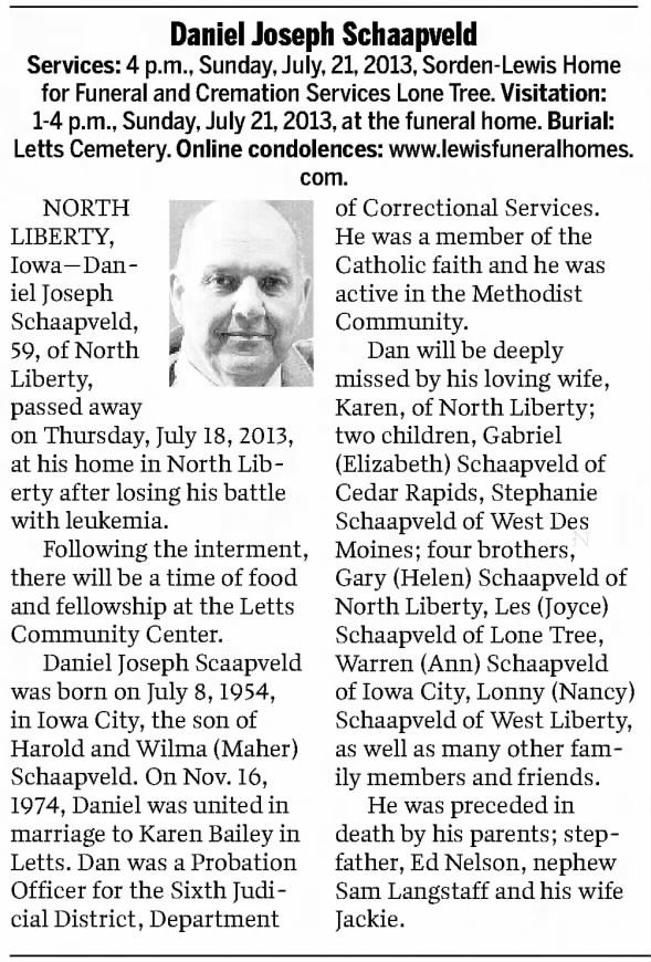 Obituary for Joseph Schaapveld, 1954-2013 (Aged 59)